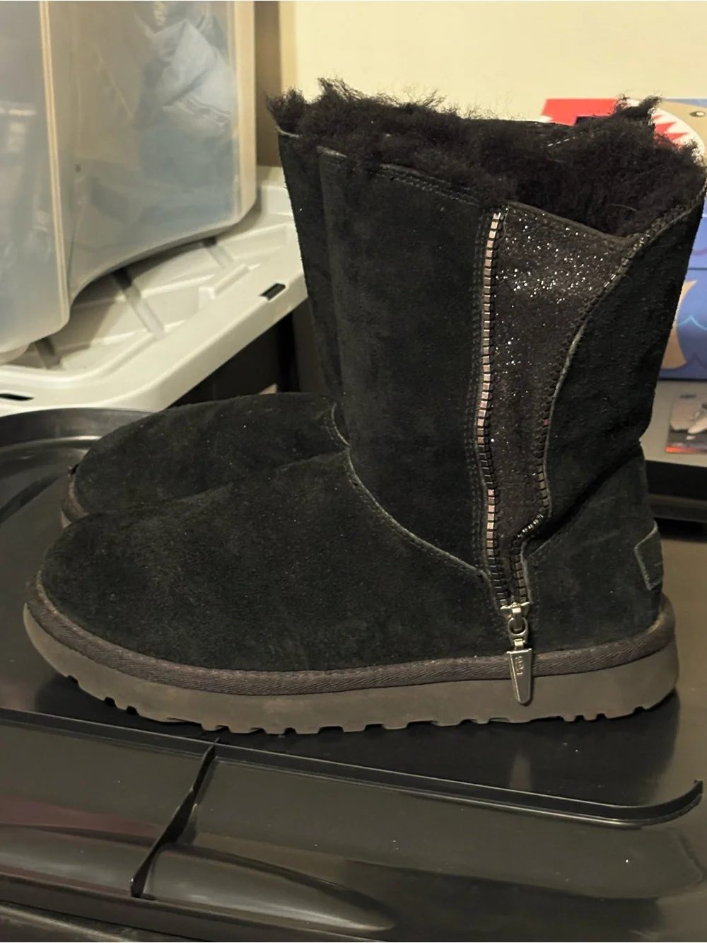 UGG Womens Black Zip Shearling Boot with Sparkle Trim